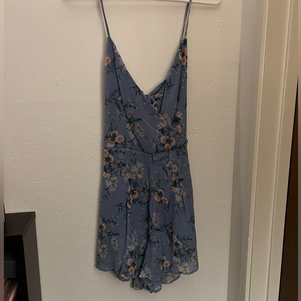 AE Petite Floral Dusty Blue Flowy Romper with Pockets